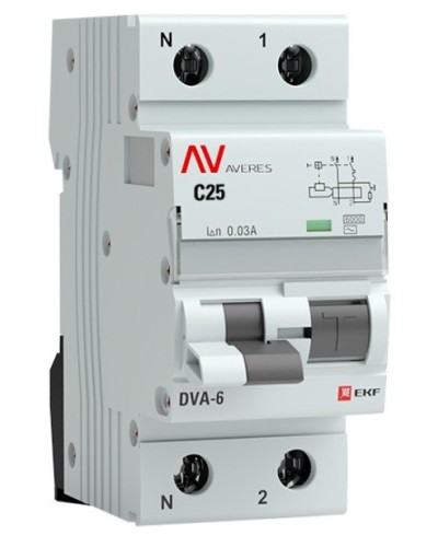 DVA-6 1P+N 25А (C) 30мА (AC) 6кА  AVERES (rcbo6-1pn-25C-30-ac-av). Автоматический выключатель дифференциального тока. EKF в Астрахани