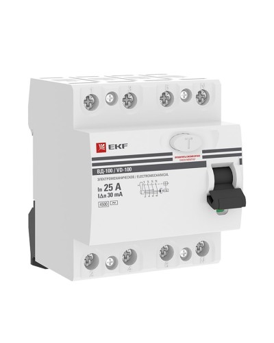 УЗО ВД-100 4P 25А 30мА тип AC эл-мех  PROxima (elcb-4-25-30-em-pro). Выключатель дифференциального тока (УЗО). EKF в Астрахани