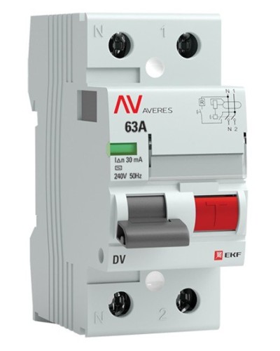 DV 2P 63А/ 30мА (AC)  AVERES (rccb-2-63-30-ac-av). Выключатели дифференциального тока (УЗО). EKF в Астрахани