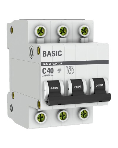Автоматический выключатель 3P 40А (C) 4,5кА ВА 47-29 Basic (mcb4729-3-40C). Автоматический выключатель. EKF в Астрахани