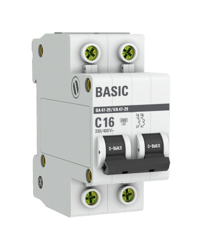 Автоматический выключатель 2P 16А (C) 4,5кА ВА 47-29 Basic (mcb4729-2-16C). Автоматический выключатель. EKF в Астрахани