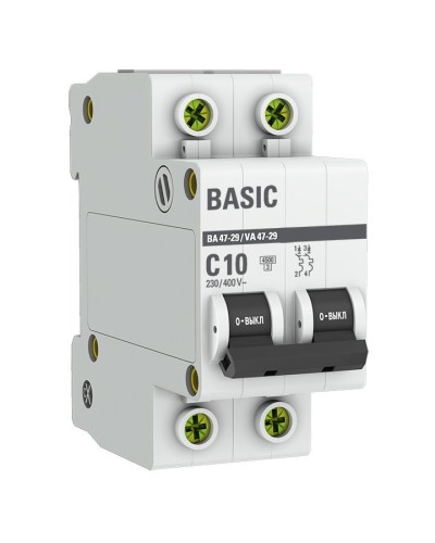 Автоматический выключатель 2P 10А (C) 4,5кА ВА 47-29 Basic (mcb4729-2-10C). Автоматический выключатель. EKF в Астрахани