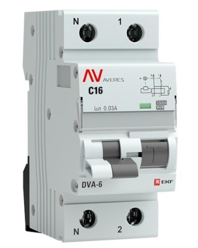 DVA-6 1P+N 16А (C) 30мА (AC) 6кА  AVERES (rcbo6-1pn-16C-30-ac-av). Автоматический выключатель дифференциального тока. EKF в Астрахани