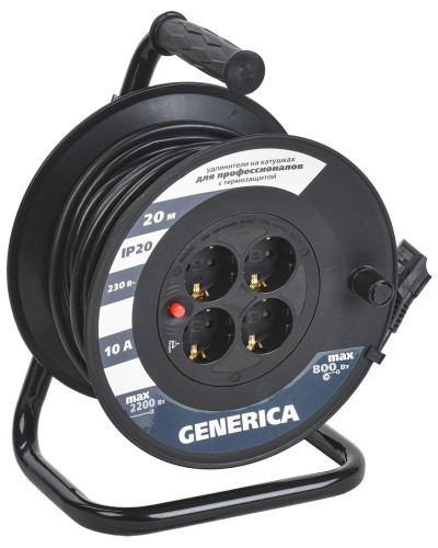 УК20 4 места 2P+PE, 20м GENERICA (WKP10-10-04-20-G). Удлинитель на катушке с термозащитой, 3х1,0кв.мм. IEK в Астрахани