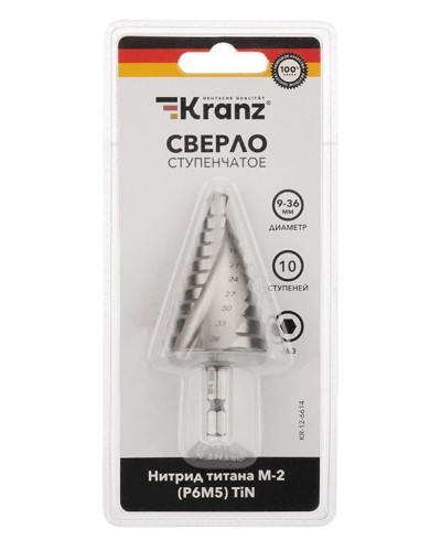 Сверло по металлу ступенчатое ТИТАН 9,0-36,0 мм 110 mm 65 HRC Р6М5 TiN Kranz (KR-12-6614): Сверло по металлу шлифованное в Астрахани