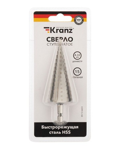 Сверло по металлу ступенчатое 4,0-32,0 мм 102 mm 62 HRC Kranz (KR-12-6603): Сверло по металлу шлифованное в Астрахани